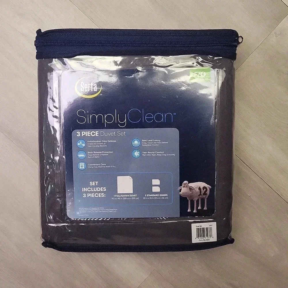 Serta Simply Clean Antimicrobial Charcoal Grey Full Queen‎ 3 Piece Duvet Set